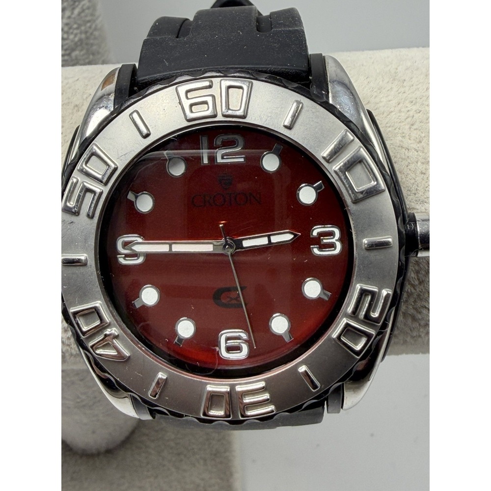 Croton CX2 New Battery Mens Watch 47MM 8.5" Black Silicone Band Red Dial